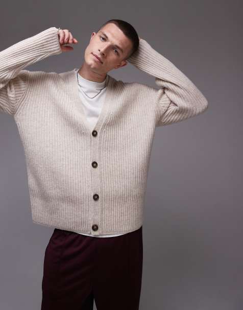 Topman premium lambs wool ribbed cardigan in stone - view 1