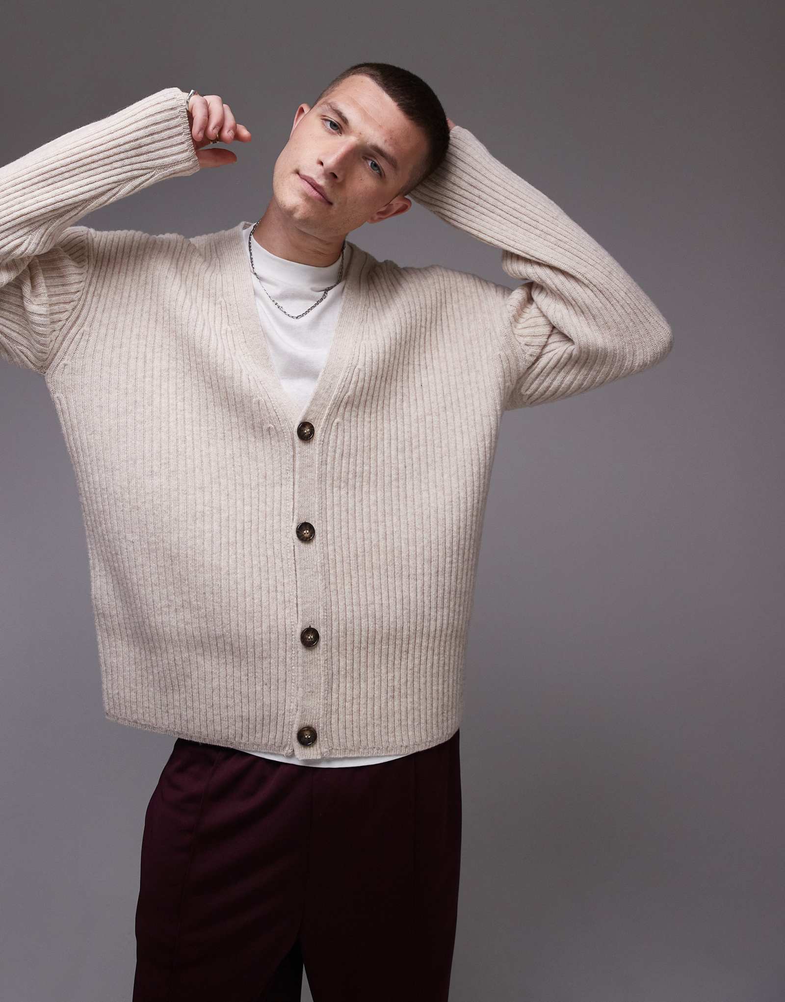 Кремовый кардиган в рубчик из овечьей шерсти Topman 