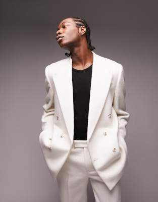 Topman Relaxed Double Breasted Suit Jacket In White In White
