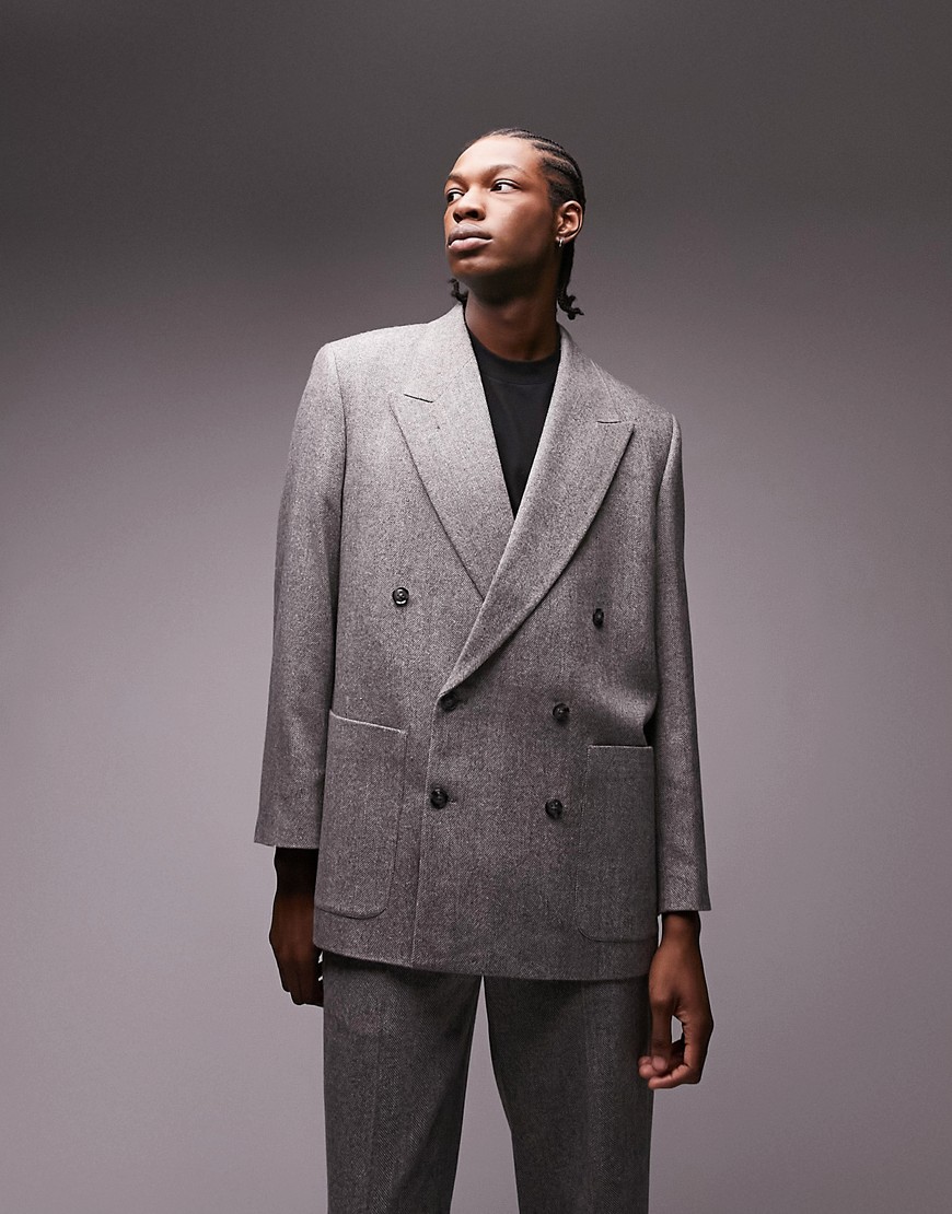 Topman Premium Limited Edition Boxy Oversized Herringbone Wool Suit Blazer In Gray