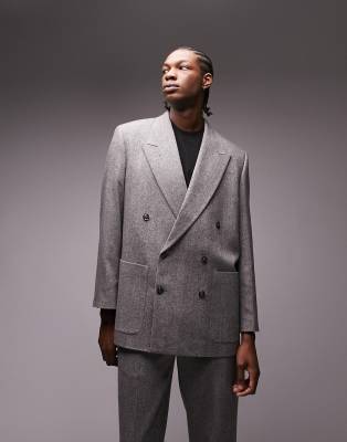 Topman Premium Limited Edition boxy oversized herringbone wool suit blazer in grey