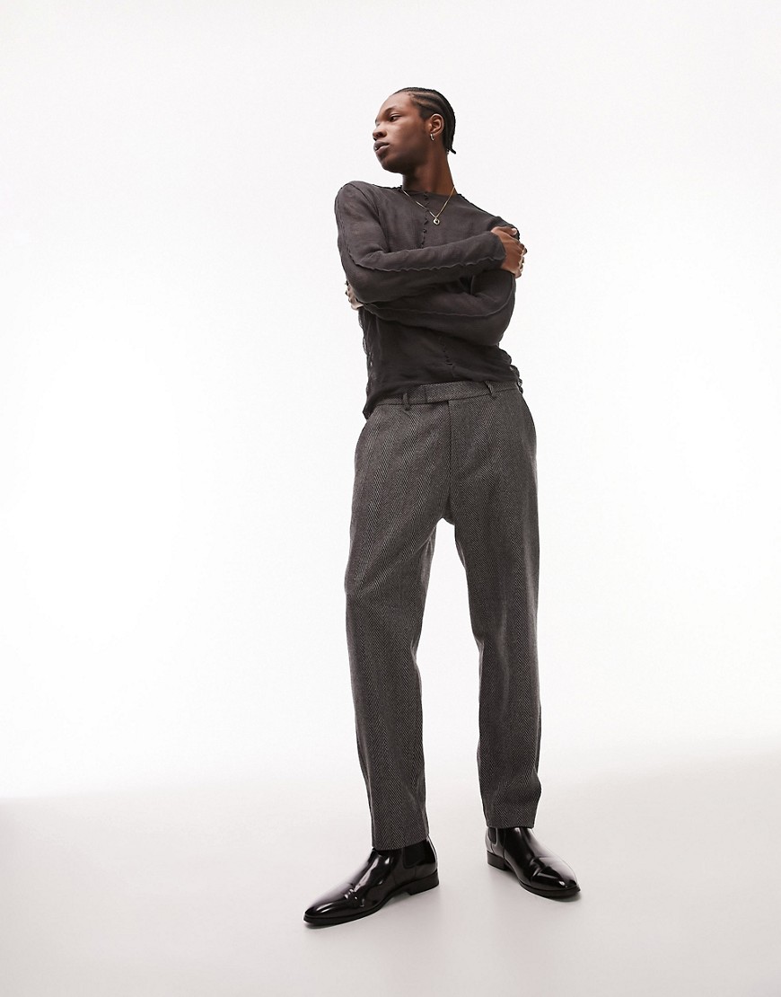 Topman Premium Limited Edition straight herringbone wool mix suit trousers in grey