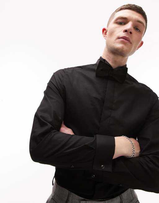 Topman Premium long sleeve slim wing collar formal shirt in black