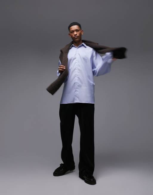 Topman Premium long sleeve super oversized fit formal shirt in blue stripe  | ASOS
