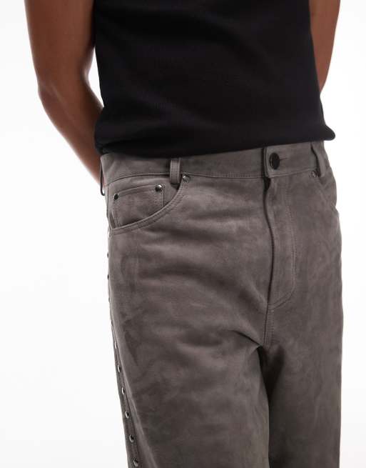 Topman premium loose studded suede pants in gray