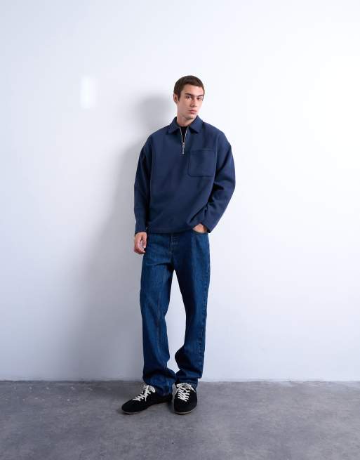 Topman – Premium – Marinblå pikétröja i oversize med 1/4-lång dragkedja i halsen, 2 av 5