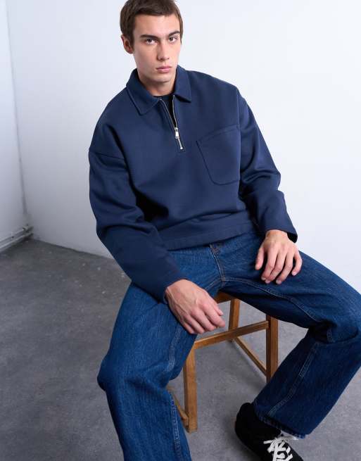 Topman – Premium – Marinblå pikétröja i oversize med 1/4-lång dragkedja i halsen, 3 av 5
