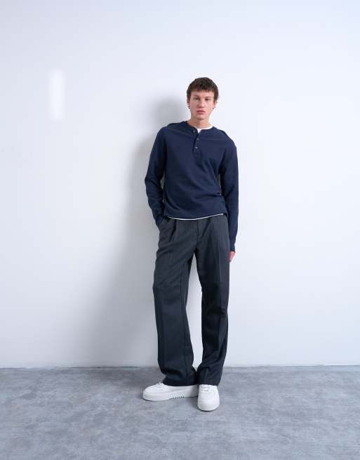 Topman – Premium – Marinblå, våfflad henley-tröja med avslappnad passform, 2 av 5