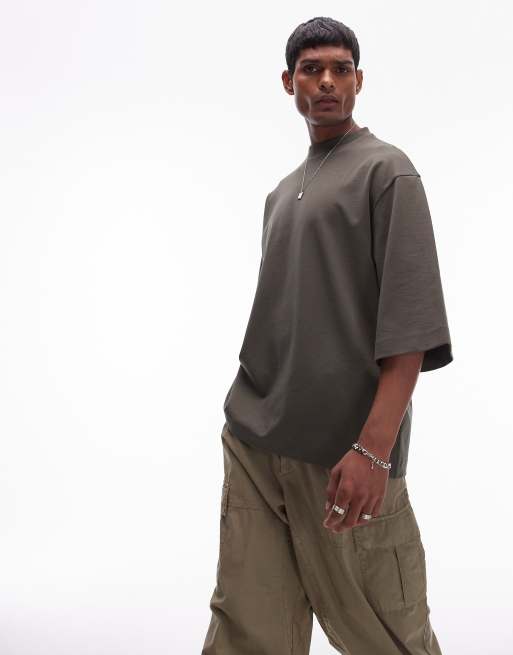 Topman - Premium - Mørkegrøn afslappet T-shirt med mellemlange ærmer i kraftigt stof på 300 gsm