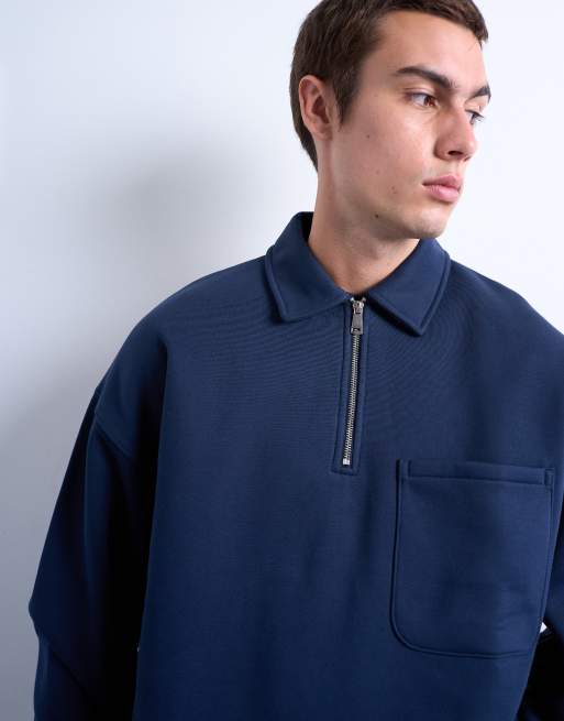 Topman – Premium – Oversize-Polohemd in Marineblau mit kurzem Reißverschluss, 4 von 5