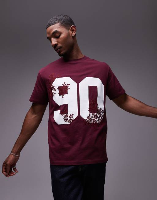 Topman – Premium – Oversize-T-Shirt in Burgunderrot mit 90-Print mit Blumendesign und Stickerei