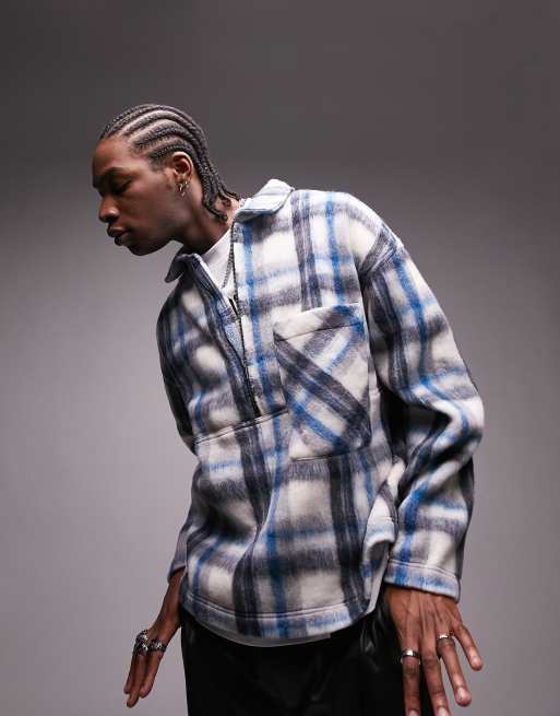 Topman premium oversized brushed check 1/2 zip in blue