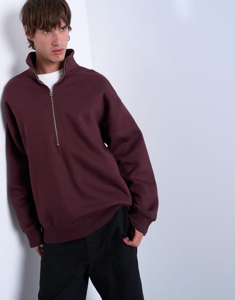 Topman premium oversized fit 1/4 zip funnel neck in burgundy - view 1