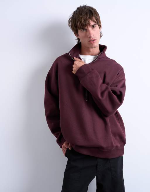 Topman premium oversized fit 1/4 zip funnel neck jumper in burgundy, 3 of 5