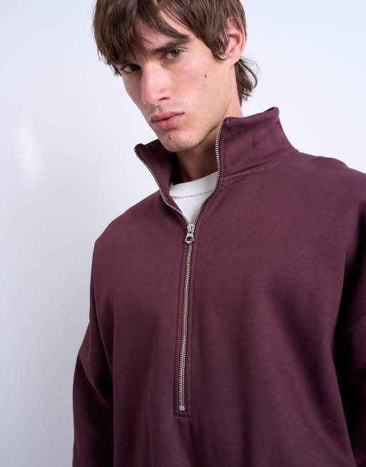 Topman premium oversized fit 1/4 zip funnel neck jumper in burgundy, 4 of 5