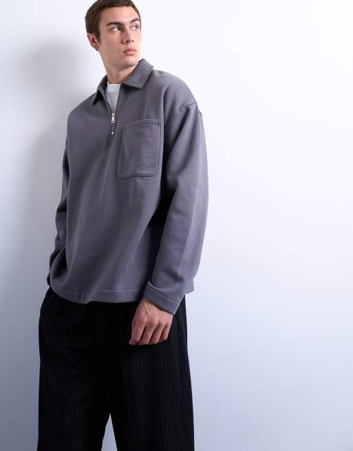 Topman premium oversized fit 1/4 zip polo in grey, 4 of 5