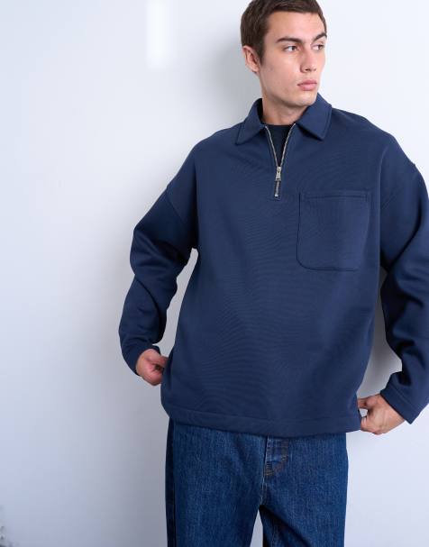 Topman premium oversized fit 1/4 zip polo in navy - view 1