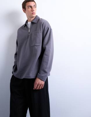 Topman Premium Oversized Fit 1/4 Zip Polo Shirt In Gray