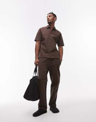 Topman Premium Oversized Fit Button Through Interlock Jersey Shirt In Brown