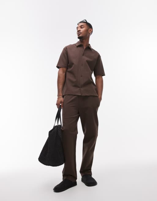 Topman premium oversized fit button through interlock jersey shirt in brown