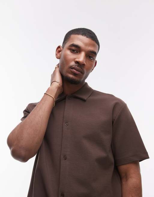 Topman premium oversized fit button through interlock jersey shirt in brown