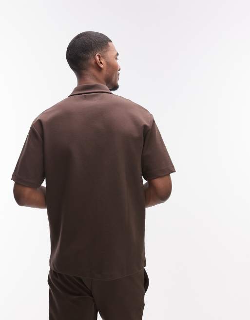 Topman premium oversized fit button through interlock jersey shirt in brown