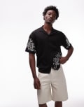 [Topman] Topman premium oversized fit button-through jersey shirt with cord embroidery in black L BLACK