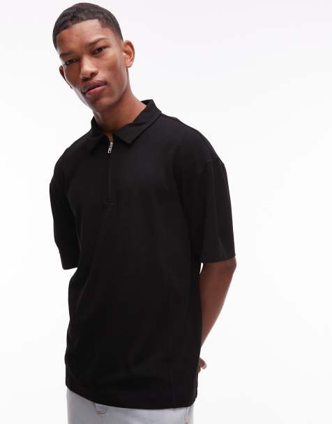 Topman premium oversized fit polo with zip placket in black - view 1