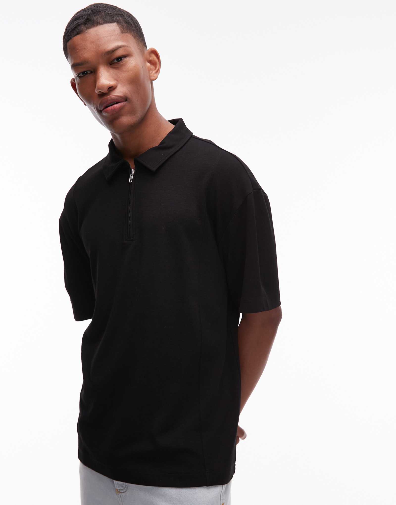 Черное поло премиум-класса Topman oversize fit с планкой на молнии