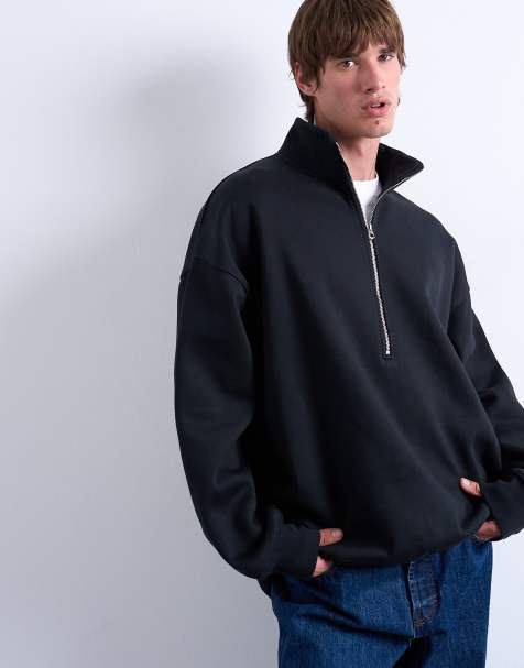 Topman premium oversized fit quarter zip funnel neck in black - view 1