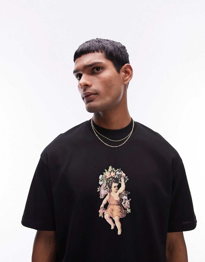Topman premium oversized fit t-shirt with cherub print in black