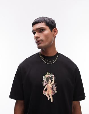 Topman premium oversized fit t-shirt with cherub print in black | ASOS