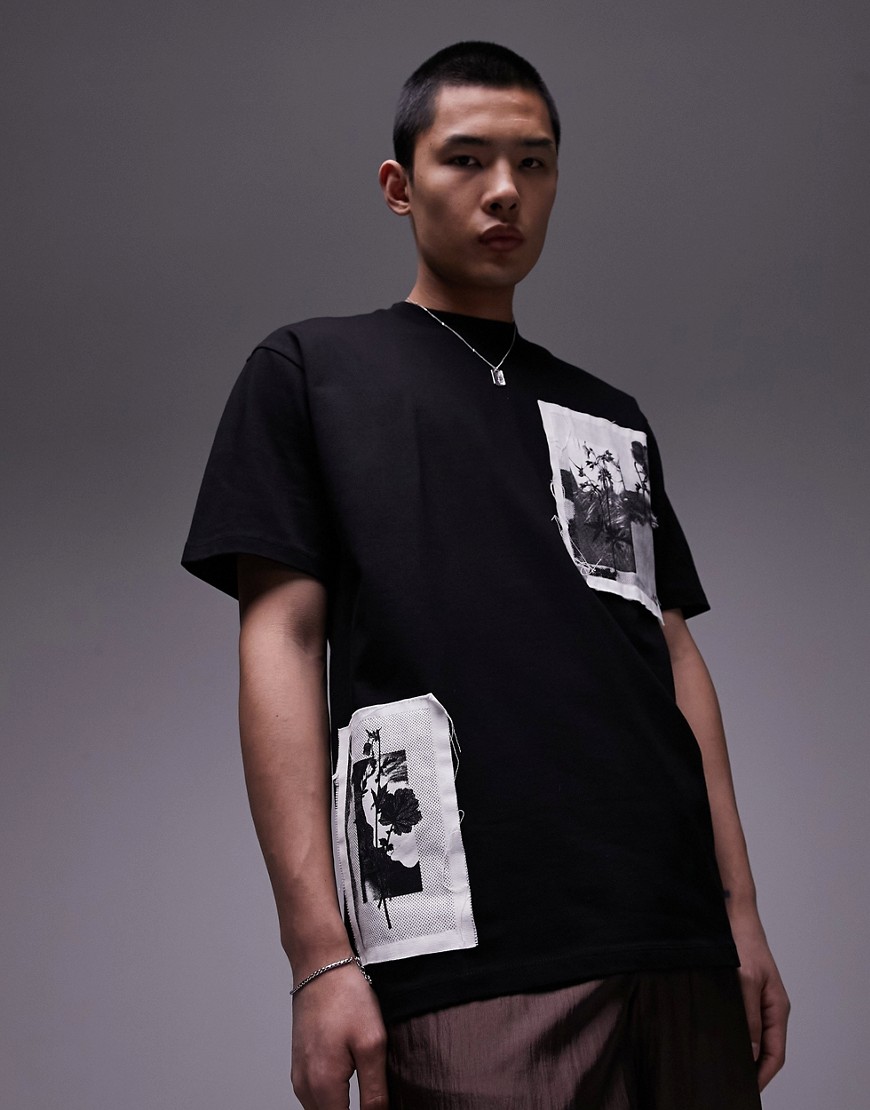 Topman premium oversized fit t-shirt with distressed floral patches in black