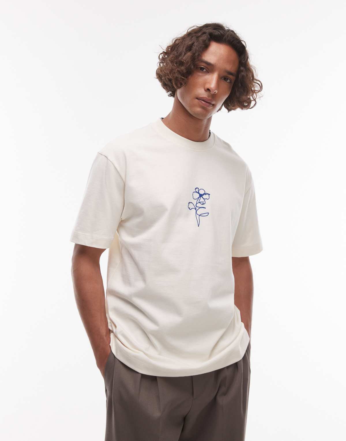 Topman premium oversized fit t-shirt with flower sketch embroidery in ecru