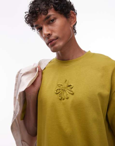 Topman premium oversized fit t-shirt with flower taping embroidery in mustard - view 1