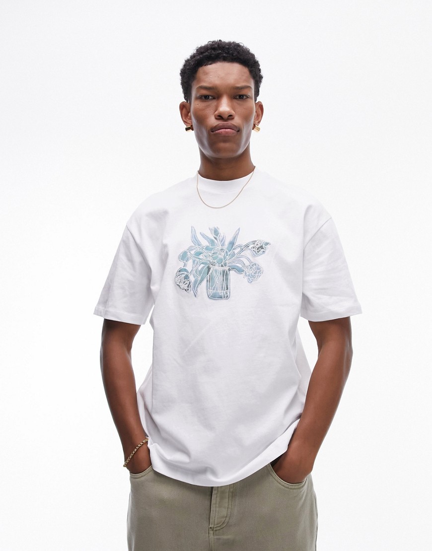 Topman premium oversized fit t-shirt with flowers in a jar embroidery in white