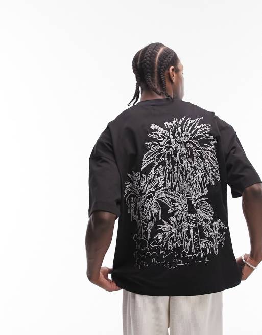Topman premium oversized fit t-shirt with front and back embroidered palm tree sketch in black
