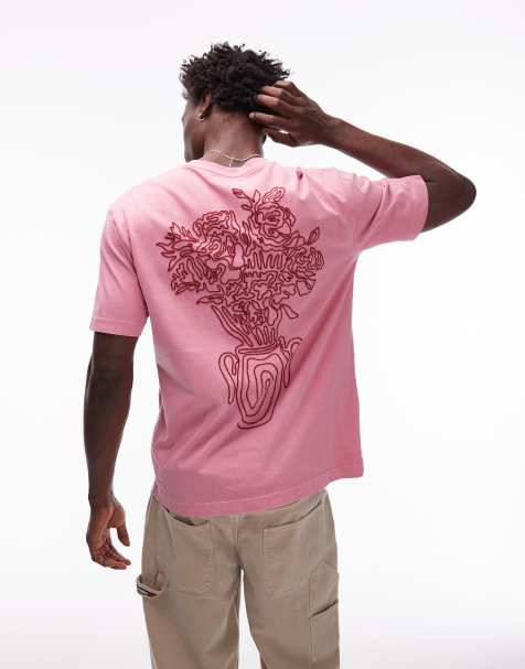 Topman premium oversized fit t-shirt with front and back flower pot chain embroidery in washed pink - view 1