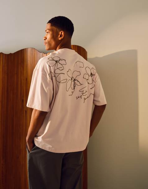 Topman premium oversized fit t-shirt with front and back flower sketch embroidery in pink - view 1