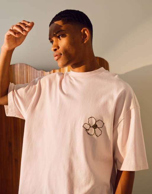 Topman premium oversized fit T-shirt with front and back flower sketch embroidery in pink