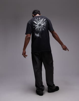 premium oversized fit T-shirt with front and back linear floral print and embroidery in washed black