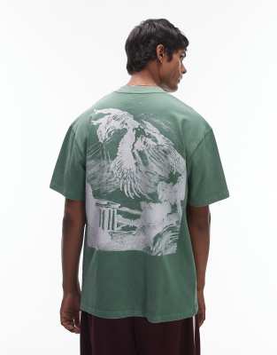 Topman Topman premium oversized fit t-shirt with icarus print in washed sage-Green
