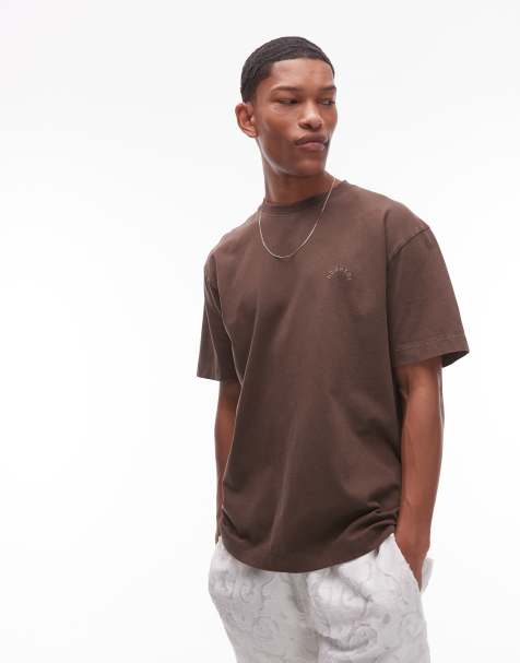 Topman premium oversized fit T-shirt with nowhere embroidery in washed brown - view 1