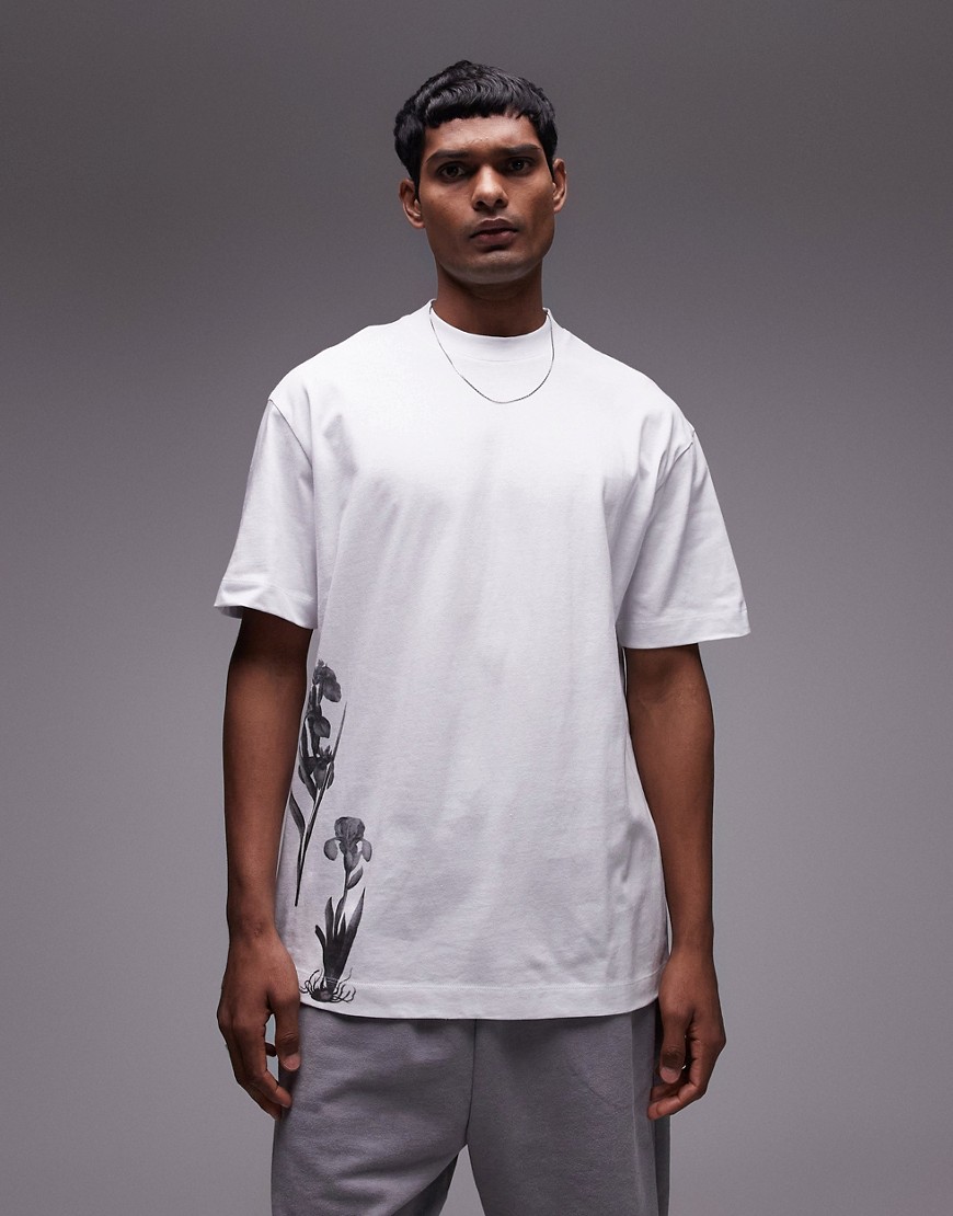 Topman premium oversized fit t-shirt with placement mono floral print in white