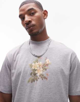 Topman Premium Oversized Fit T-shirt With Rose Embroidery Print In Gray