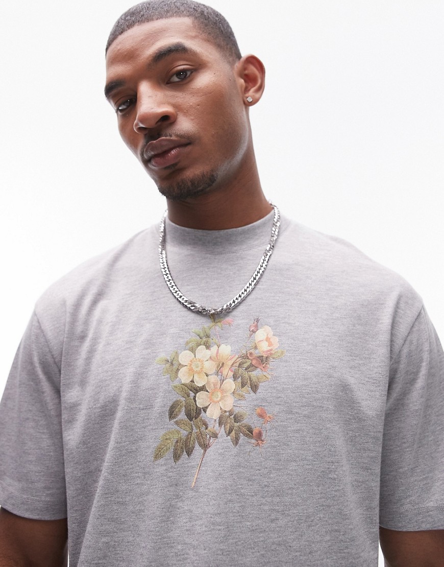 premium oversized fit T-shirt with rose embroidery print in gray heather