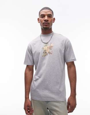 Topman Premium Oversized Fit T-shirt With Rose Embroidery Print In Gray