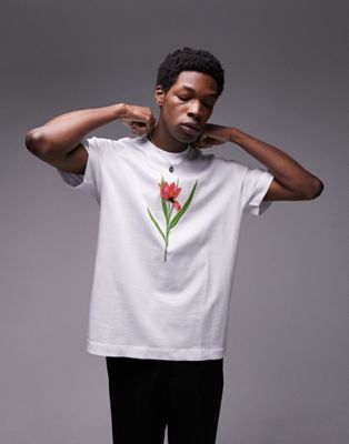 Topman premium oversized fit t-shirt with tulip embroidery in white