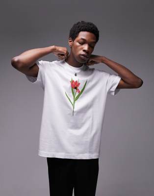 Topman Topman premium oversized fit t-shirt with tulip embroidery in white-Grey