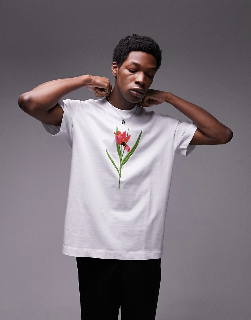 Topman premium oversized fit t-shirt with tulip embroidery in white-Grey